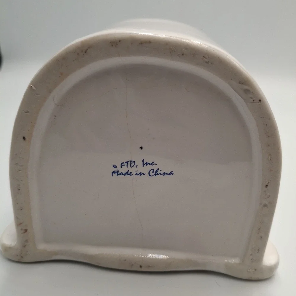 FTD Ceramic Butterfly Picture Frame Planter White Blue Floral Oval Opening Vtg